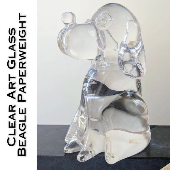 Murano Style Art Glass Beagle Snoopy Dog Paperweight Figurine Clear Solid Heavy - Picture 1 of 10